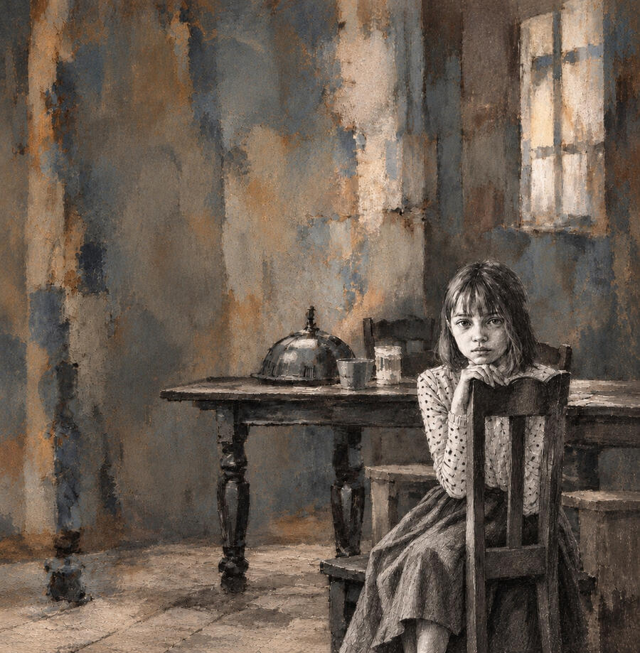 A girl in a polka-dot blouse resting her chin on a wooden chair beside a table and window.
